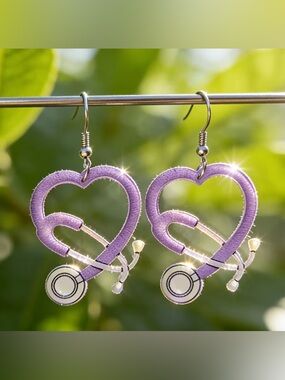 Lavender Heart Acrylic Stethoscope Dangling Earrings